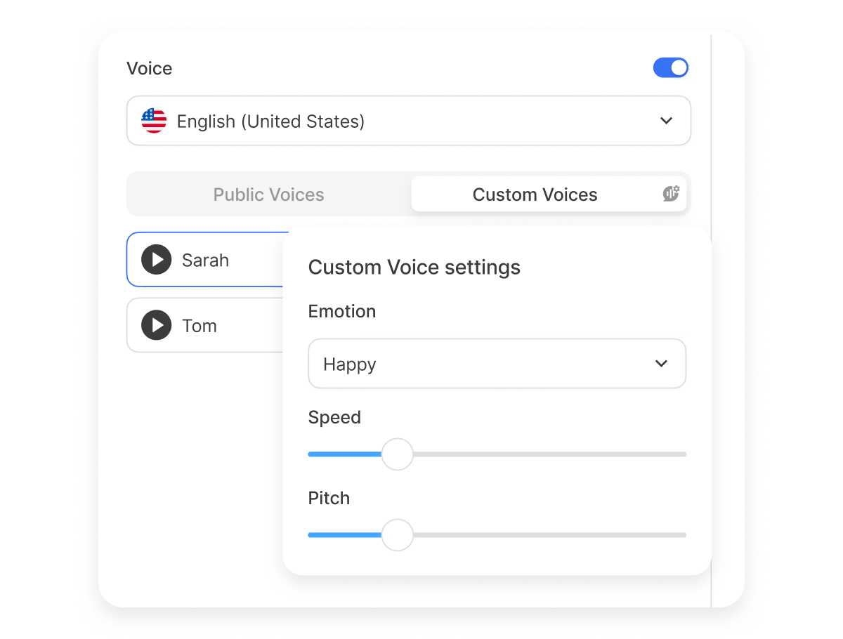 Visla’s voice control settings let you adjust emotion, speed, and pitch so your cloned voice always fits your message.